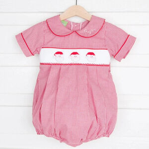 Classic Whimsy Santa smocked bubble romper baby boy gingham embroidered collar